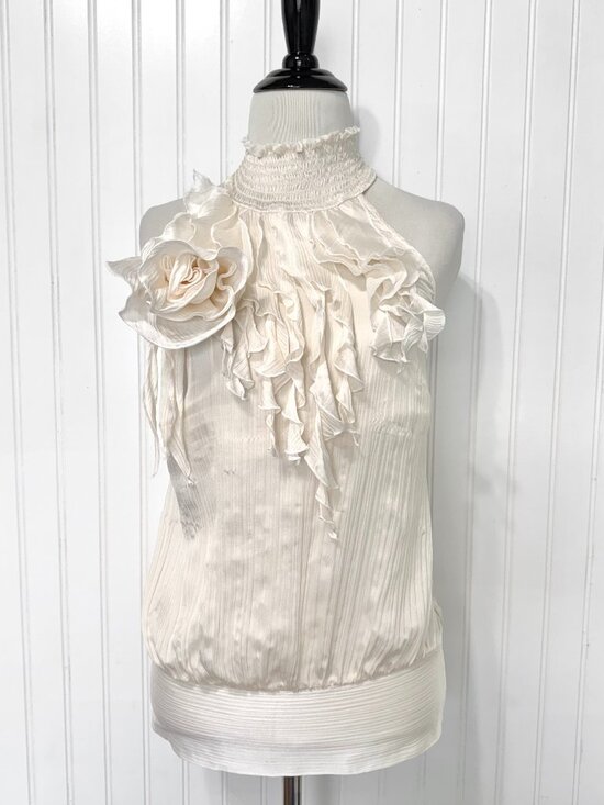 bebe Tops - Y2K Bebe Ivory Silk Halter Top Ruffle Rosette XS